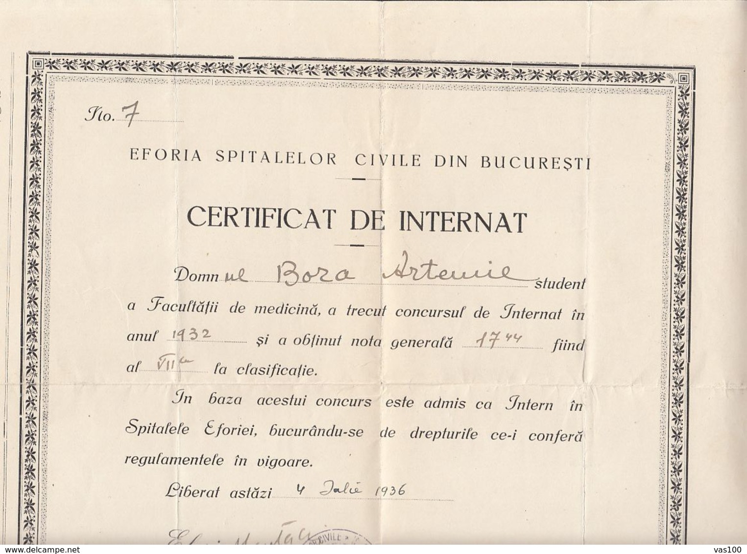 SCHOOL DIPLOMA, HOSPITAL INTERN CERTIFICATE, 1936, ROMANIA - Diploma & School Reports