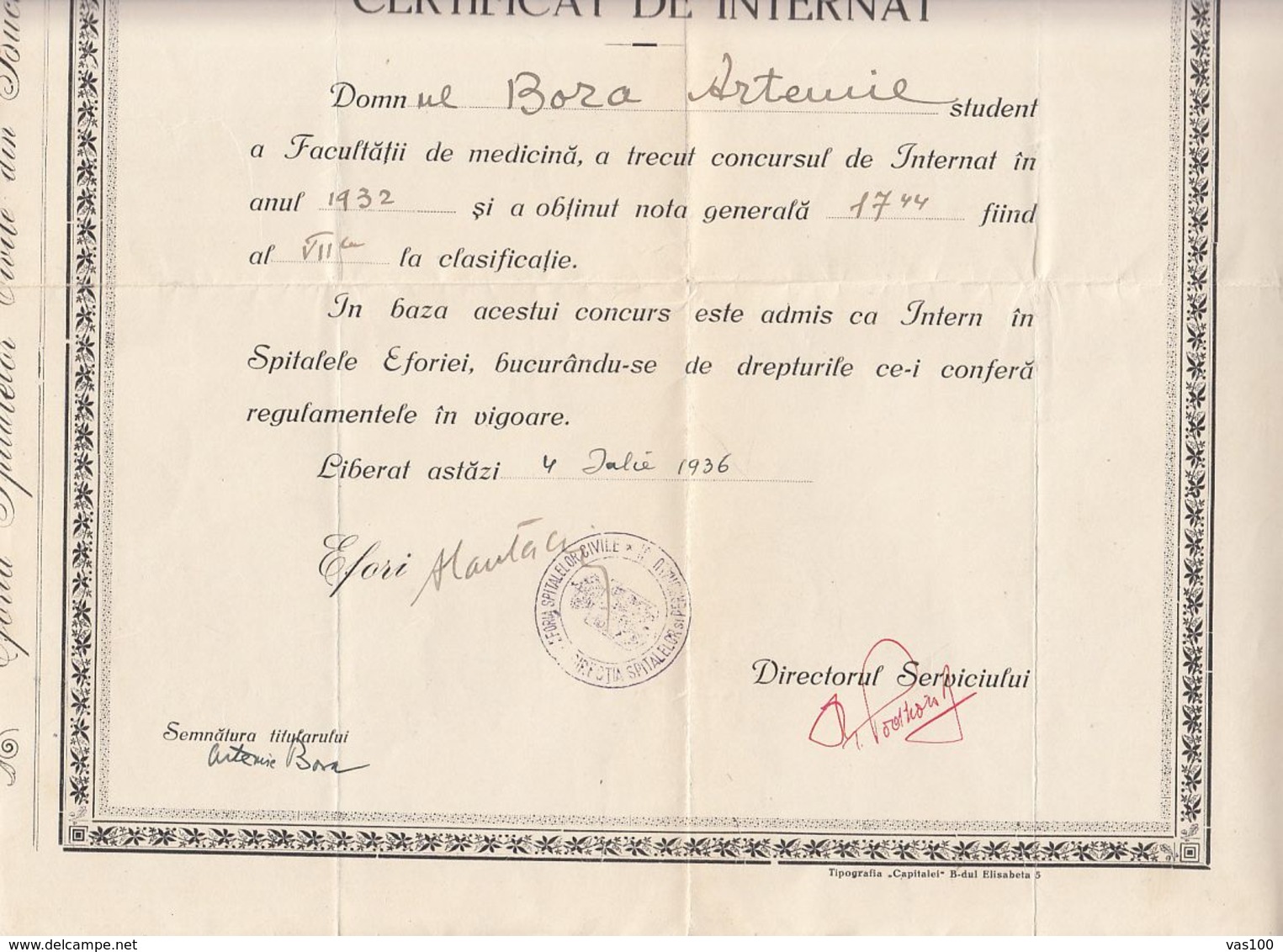 SCHOOL DIPLOMA, HOSPITAL INTERN CERTIFICATE, 1936, ROMANIA - Diploma & School Reports