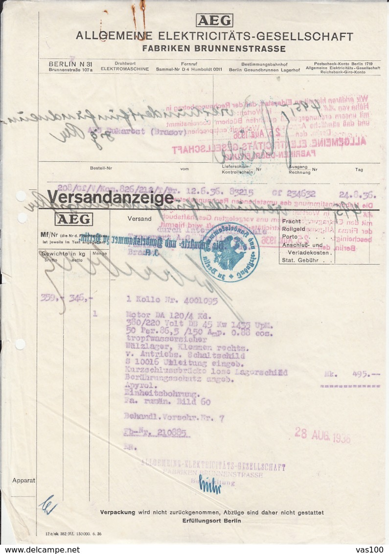 AEG ELECTRICITY COMPANY INVOICE, TRANSPARENT PAPER, EMPIRE COAT OF ARMS INK STAMP, 1936, GERMANY - Elettricità & Gas