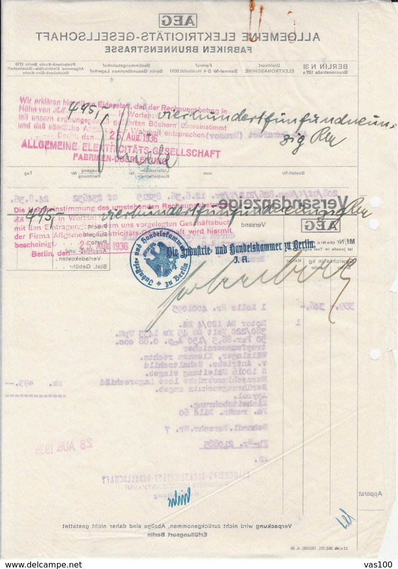 AEG ELECTRICITY COMPANY INVOICE, TRANSPARENT PAPER, EMPIRE COAT OF ARMS INK STAMP, 1936, GERMANY - Electricity & Gas