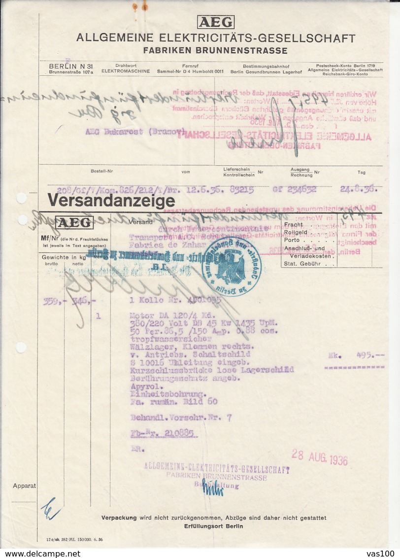 AEG ELECTRICITY COMPANY INVOICE, TRANSPARENT PAPER, EMPIRE COAT OF ARMS INK STAMP, 1936, GERMANY - Électricité & Gaz