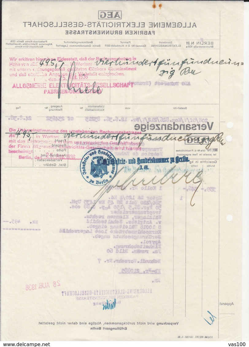 AEG ELECTRICITY COMPANY INVOICE, TRANSPARENT PAPER, EMPIRE COAT OF ARMS INK STAMP, 1936, GERMANY - Elektriciteit En Gas