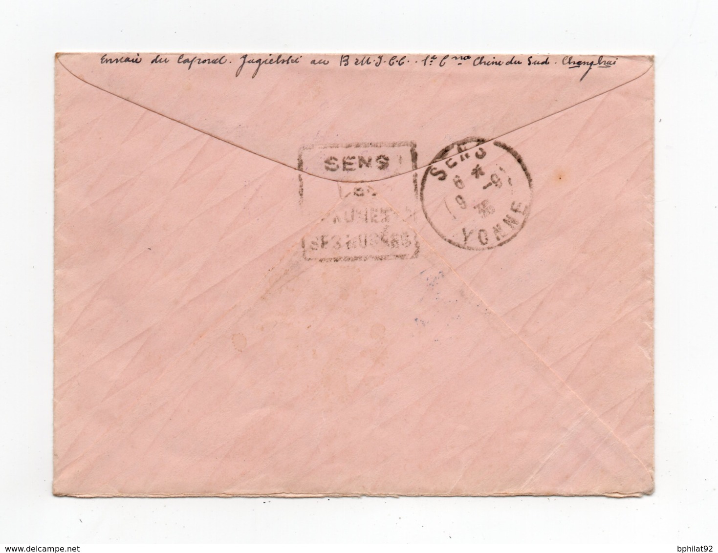 !!! PRIX FIXE : CACHETS CORPS D'OCCUPATION DE CHINE, DETACHEMENT FRANCAIS DE CHANGHAI SUR LETTRE DU 16/8/1938 - Storia Postale