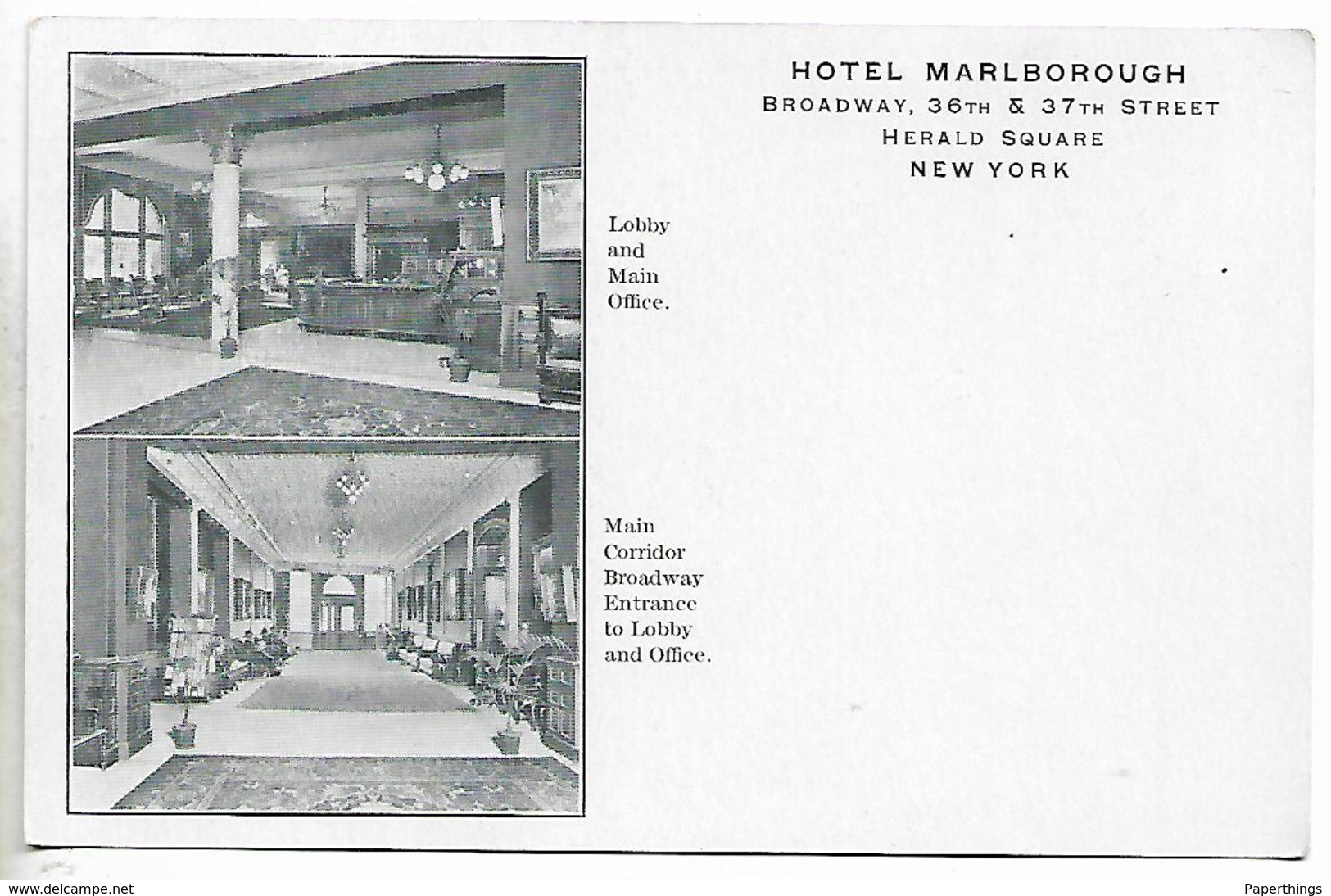 Early Postcard, New York, Hotel Marlborough, Broadway St, 36 And 37, Herald Square, Lobby And Office, Corridor. - Broadway
