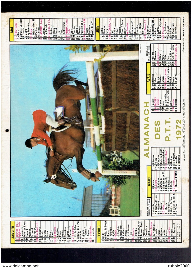 CALENDRIER 1972 RUGBY FRANCE GALLES LE 23.03.1969 JUMPING CHEVAL ALMANACH DES P.T.T. - Grand Format : 1971-80