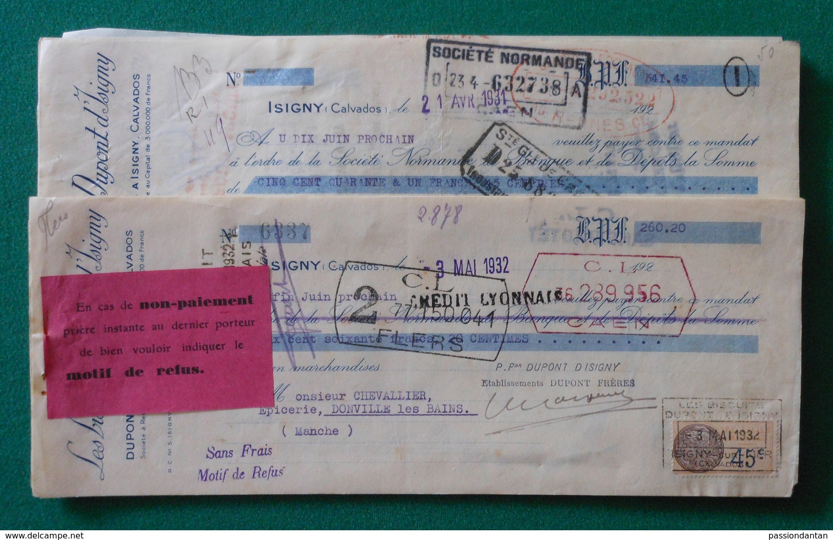 Douze Lettres De Change Avec Timbres Fiscaux De La Biscuiterie Dupont D'Isigny à Isigny - Années 1930 - Bills Of Exchange