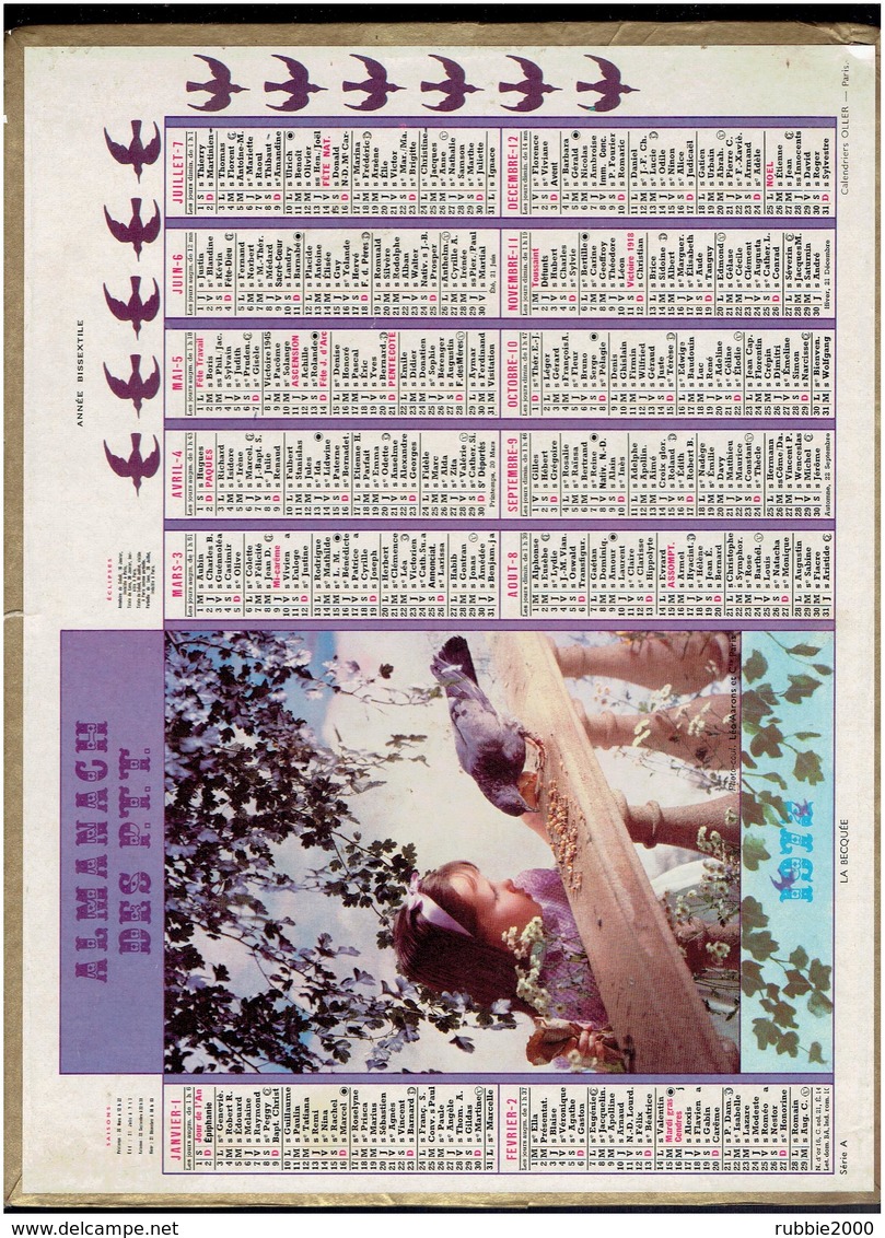 CALENDRIER 1972 LA BECQUEE OISEAU ALMANACH DES P.T.T. - Grand Format : 1971-80