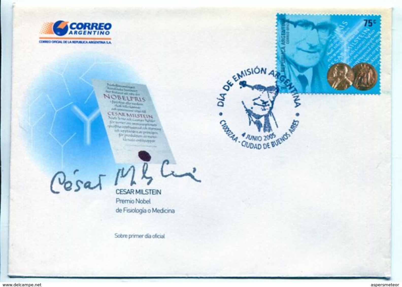 CESAR MILSTEIN PREMIO NOBEL FISIOLOGIA MEDICINA PRIX NOBEL MEDICINE. ARGENTINA 2005 SOBRE PRIMER DIA ENVELOPE FDC -LILHU - Medicina