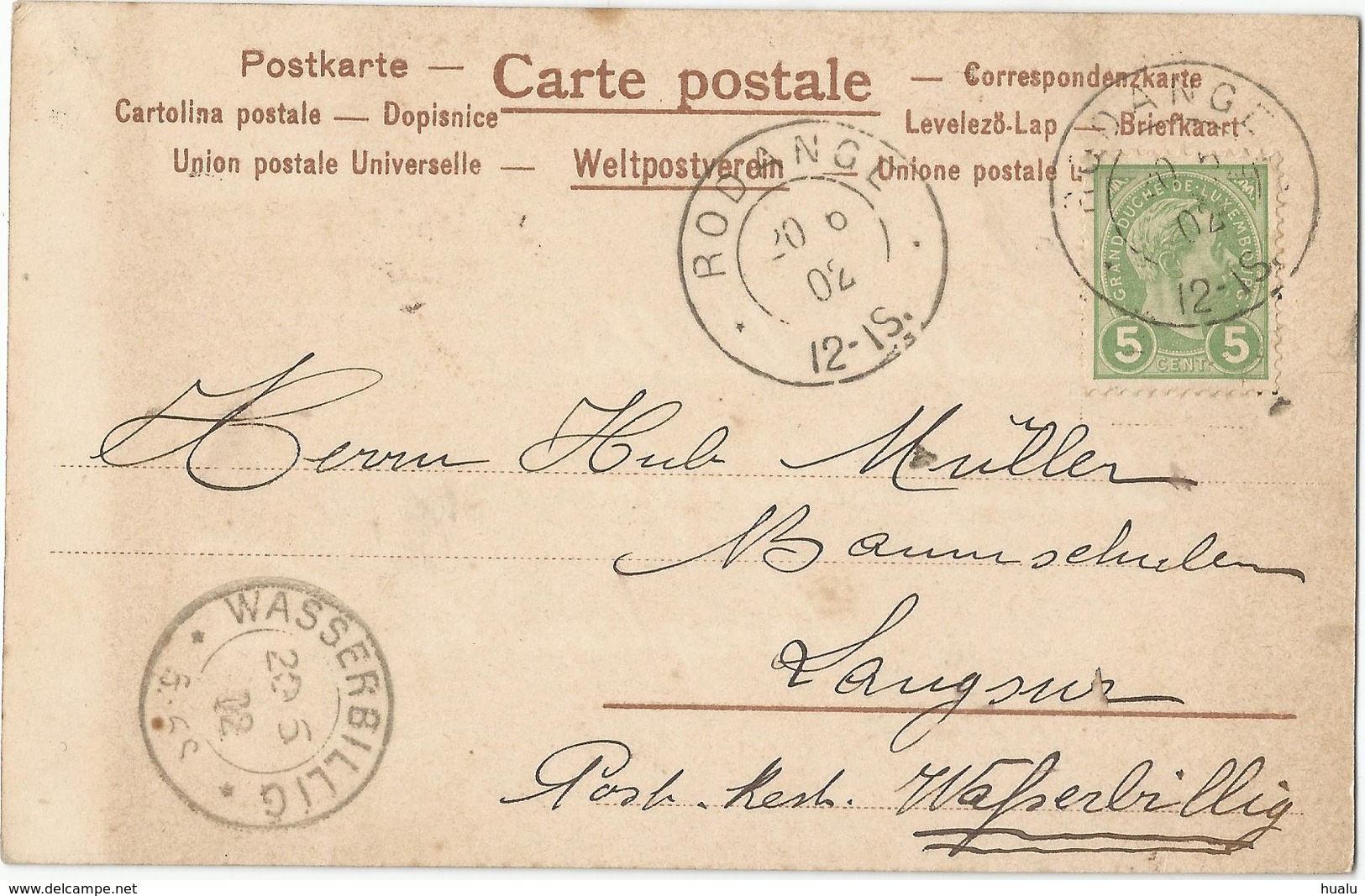 Luxembourg Carte Postale Les Cigarettes Du Monde Rodange 20-6-1902 Pour Wasserbillig 2 Scans - Errors & Oddities