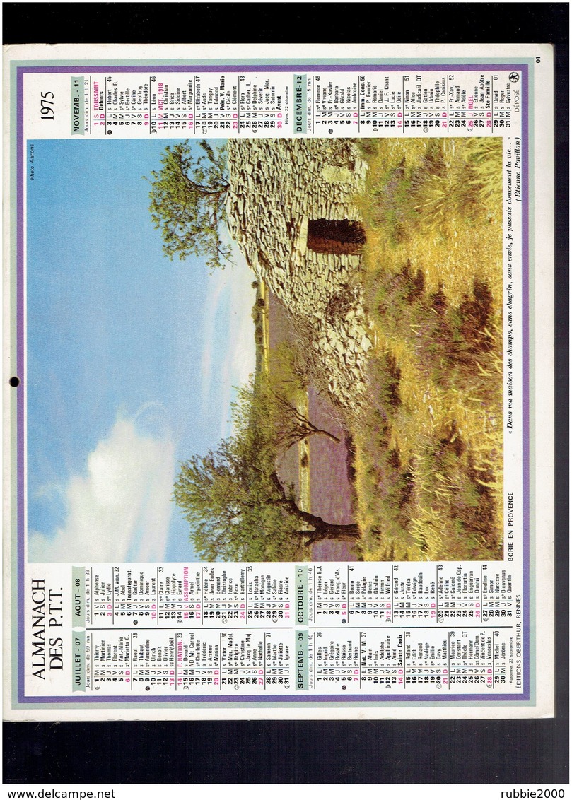 CALENDRIER 1975 BORIE EN PROVENCE VALLE DE CHAMONIX AU MONTENVERS ALMANACH DES P.T.T. - Grand Format : 1971-80