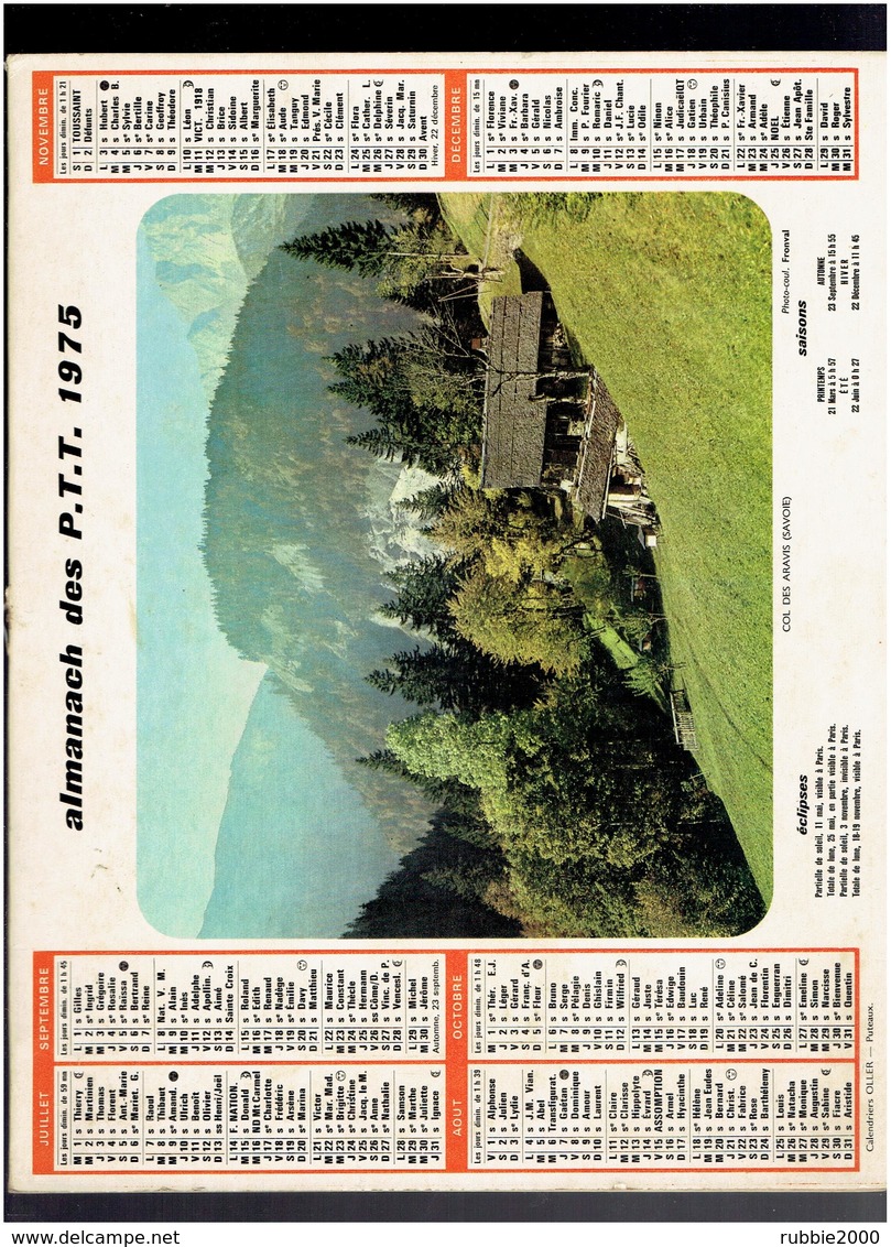 CALENDRIER 1975 COL DES ARAVIS SAVOIE MOULIN AUX ENVIRONS DE LA ROCHE L ABEILLE HAUTE VIENNE ALMANACH DES P.T.T. - Grand Format : 1971-80