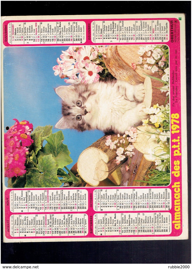 CALENDRIER 1978 CHIEN CHAT ALMANACH DES P.T.T. - Grand Format : 1971-80