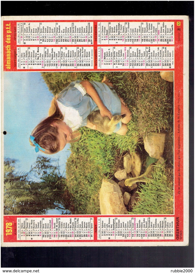 CALENDRIER 1978 FILLETTE CANARD CHAVAUX ALMANACH DES P.T.T. - Grand Format : 1971-80