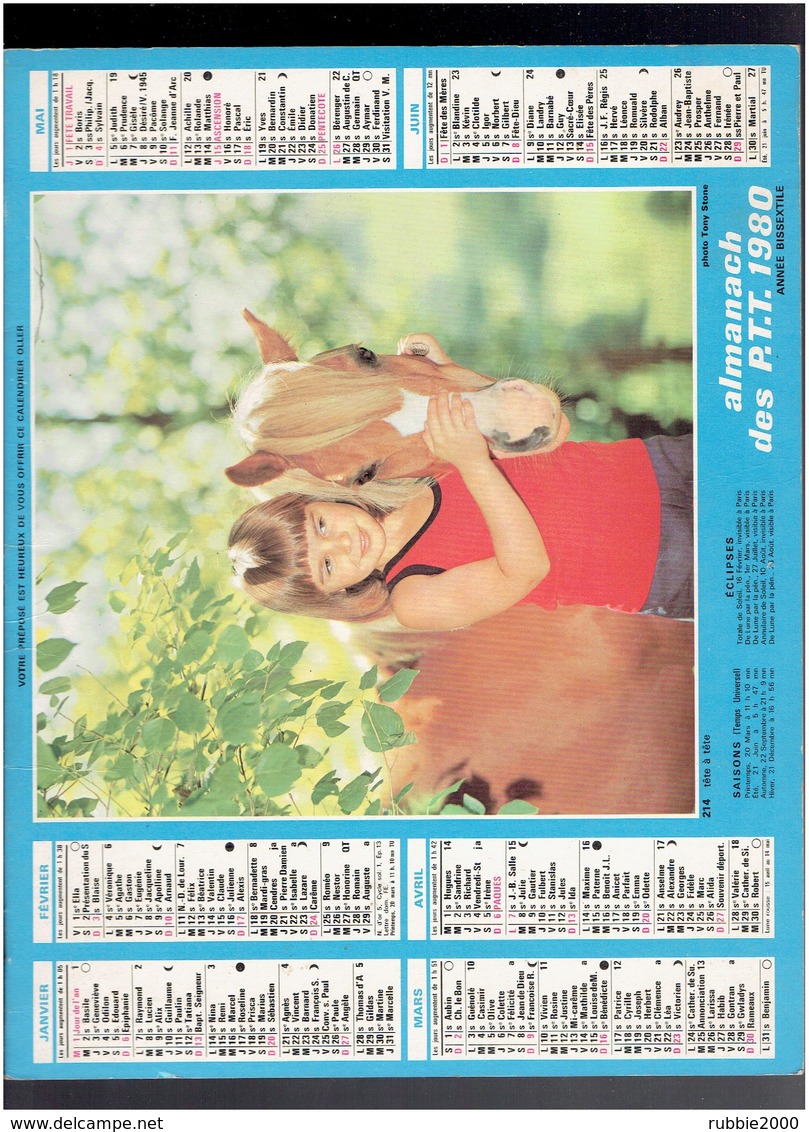 CALENDRIER 1980 FILLETTE ET CHIEN BERGER ALLEMAND FILLETTE ET CHEVAL ALMANACH DES P.T.T. - Grand Format : 1971-80