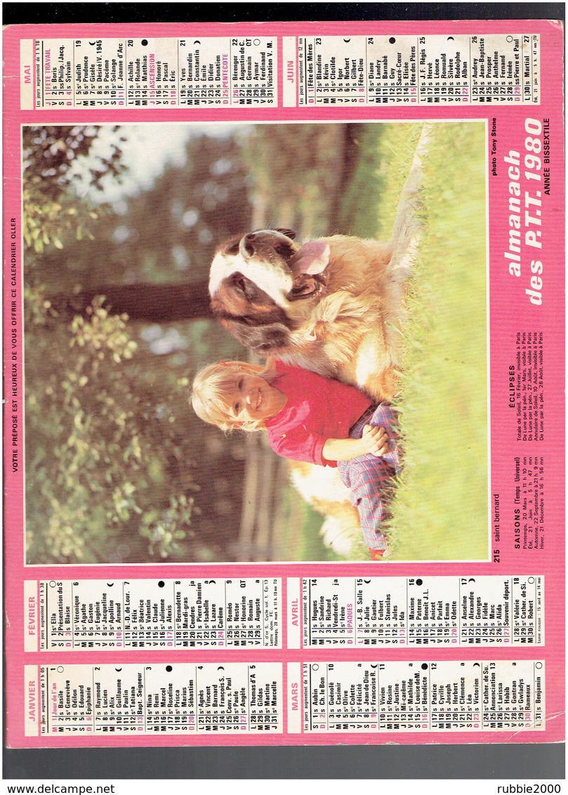 CALENDRIER 1980 FILLETTE ET AGNEAU FILLETTE ET CHIEN SAINT BERNARD ALMANACH DES P.T.T. - Grand Format : 1971-80