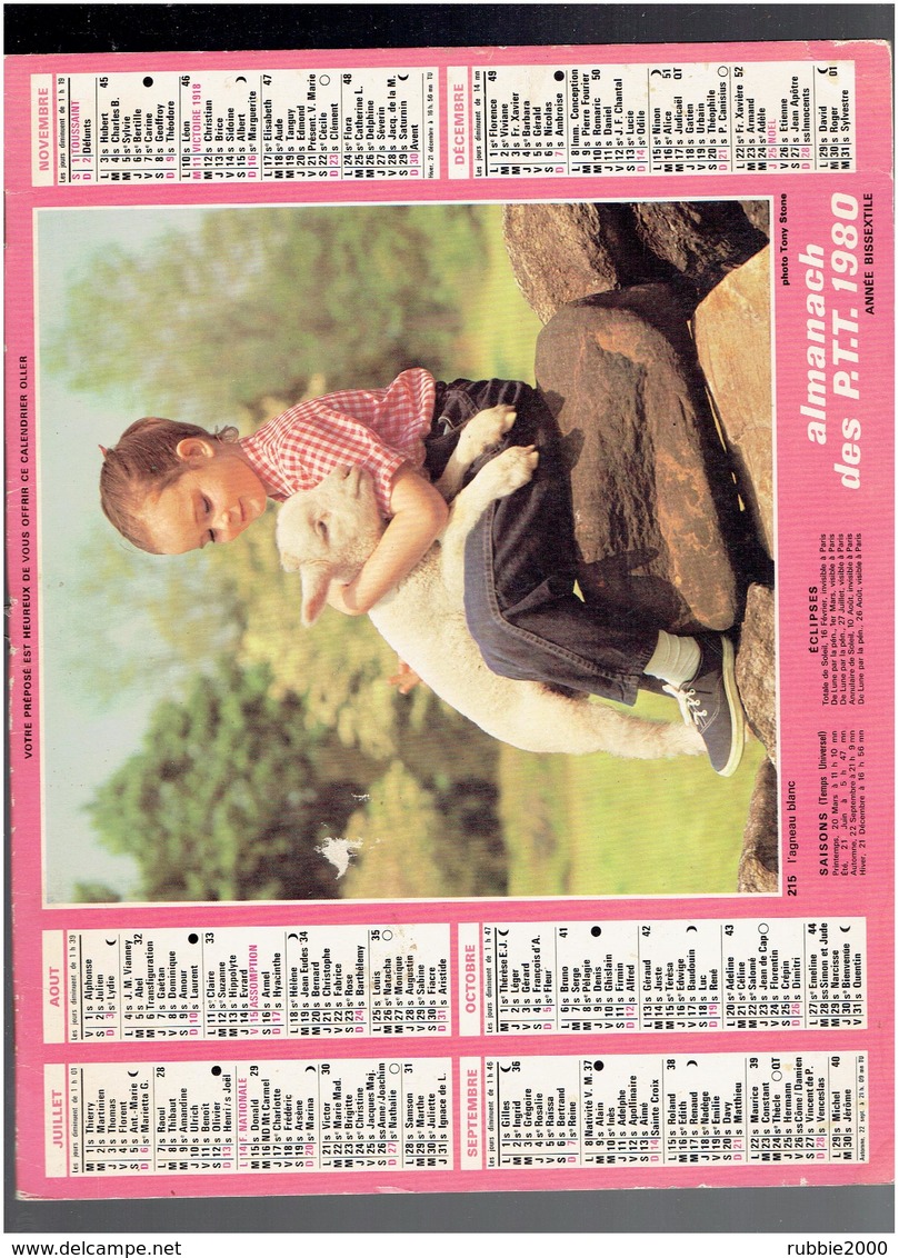 CALENDRIER 1980 FILLETTE ET AGNEAU FILLETTE ET CHIEN SAINT BERNARD ALMANACH DES P.T.T. - Grand Format : 1971-80