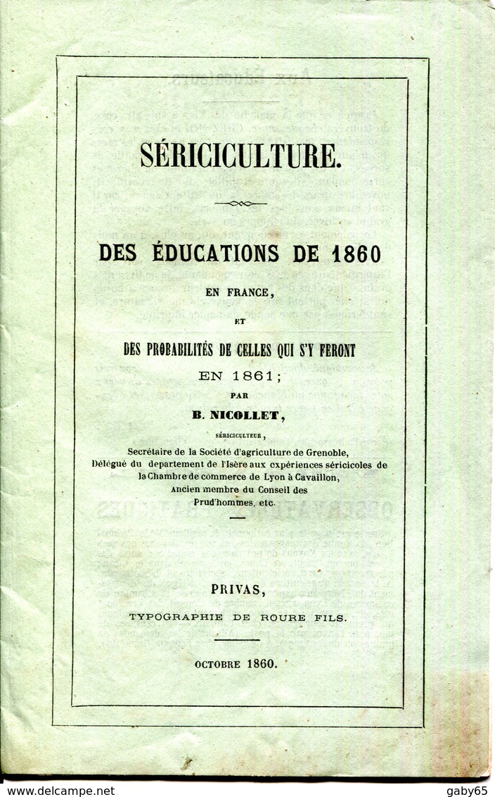 VERS A SOIE.SERICICULTURE.DES EDUCATIONS DE 1860 EN FRANCE PAR  B.NICOLET. - Non Classés