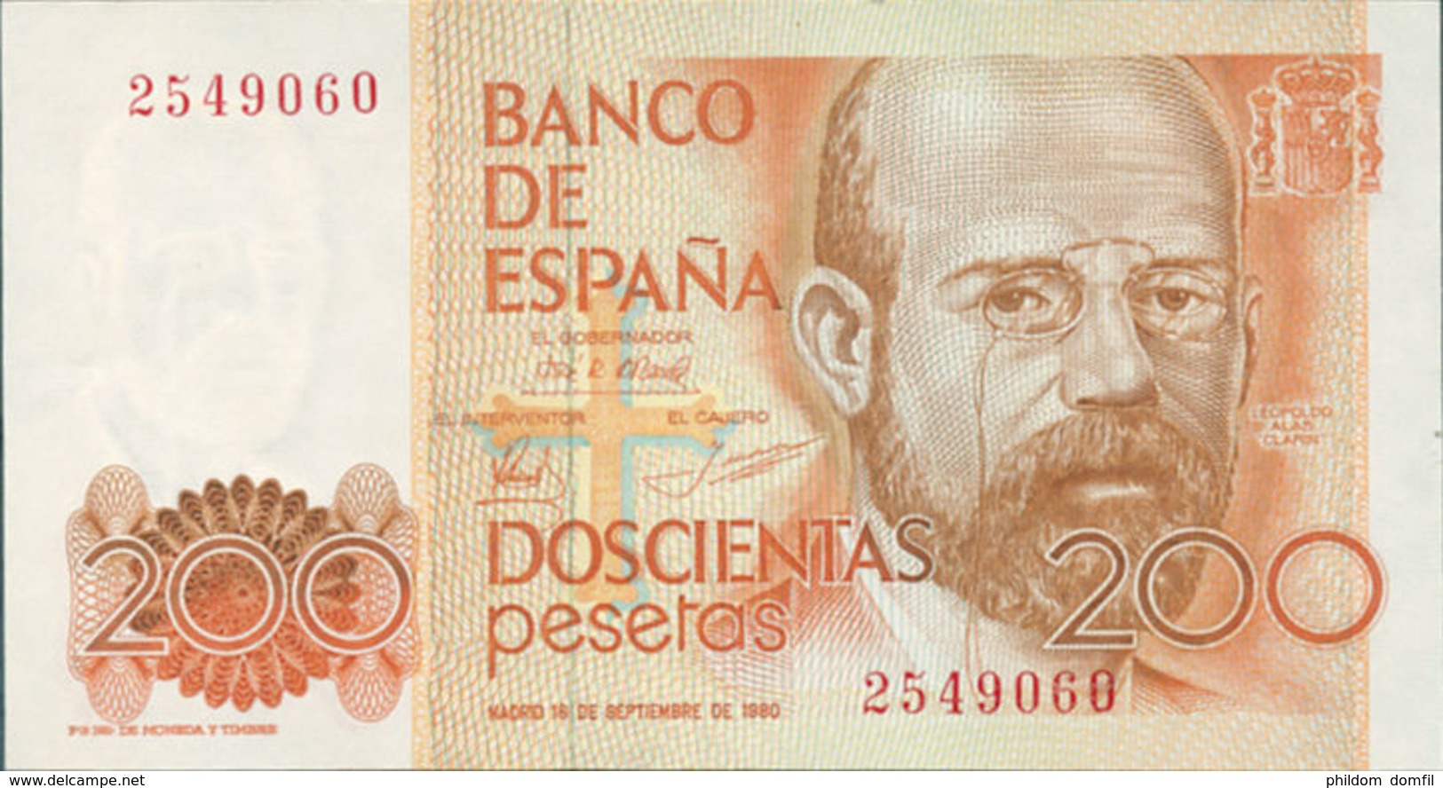 Ref. 247-391 - BIN SPAIN . 1980. 200 Pesetas  16th September 1980 - Leopoldo Alas Clarin. 200 Pesetas  16 De Septiembre - [ 4] 1975-… : Juan Carlos I