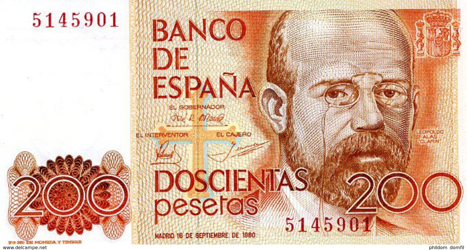 Ref. 247-500 - BIN SPAIN . 1980. 200 Pesetas  16th September 1980 - Leopoldo Alas Clarin. 200 Pesetas  16 De Septiembre - [ 4] 1975-… : Juan Carlos I