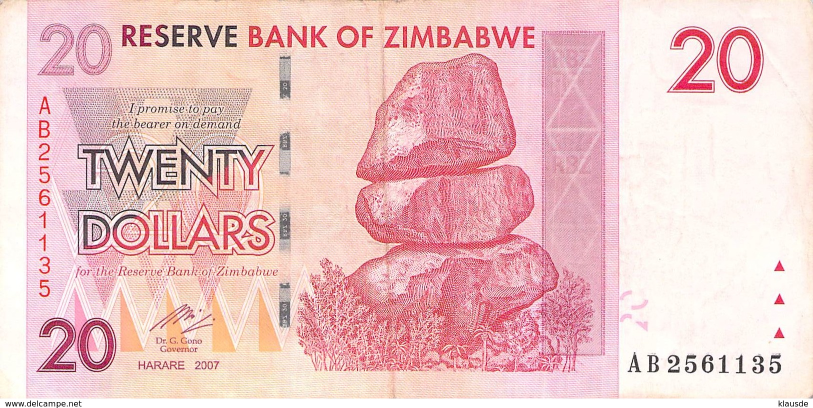 20 Twenty Dollars Zaire 2007 VF/F (III) - Zaire