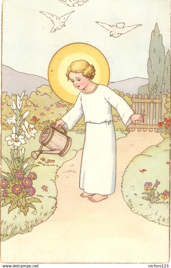 "Child Jesus Watering The Plants" Lovely Religious Italin Postcard 1950s - Autres & Non Classés