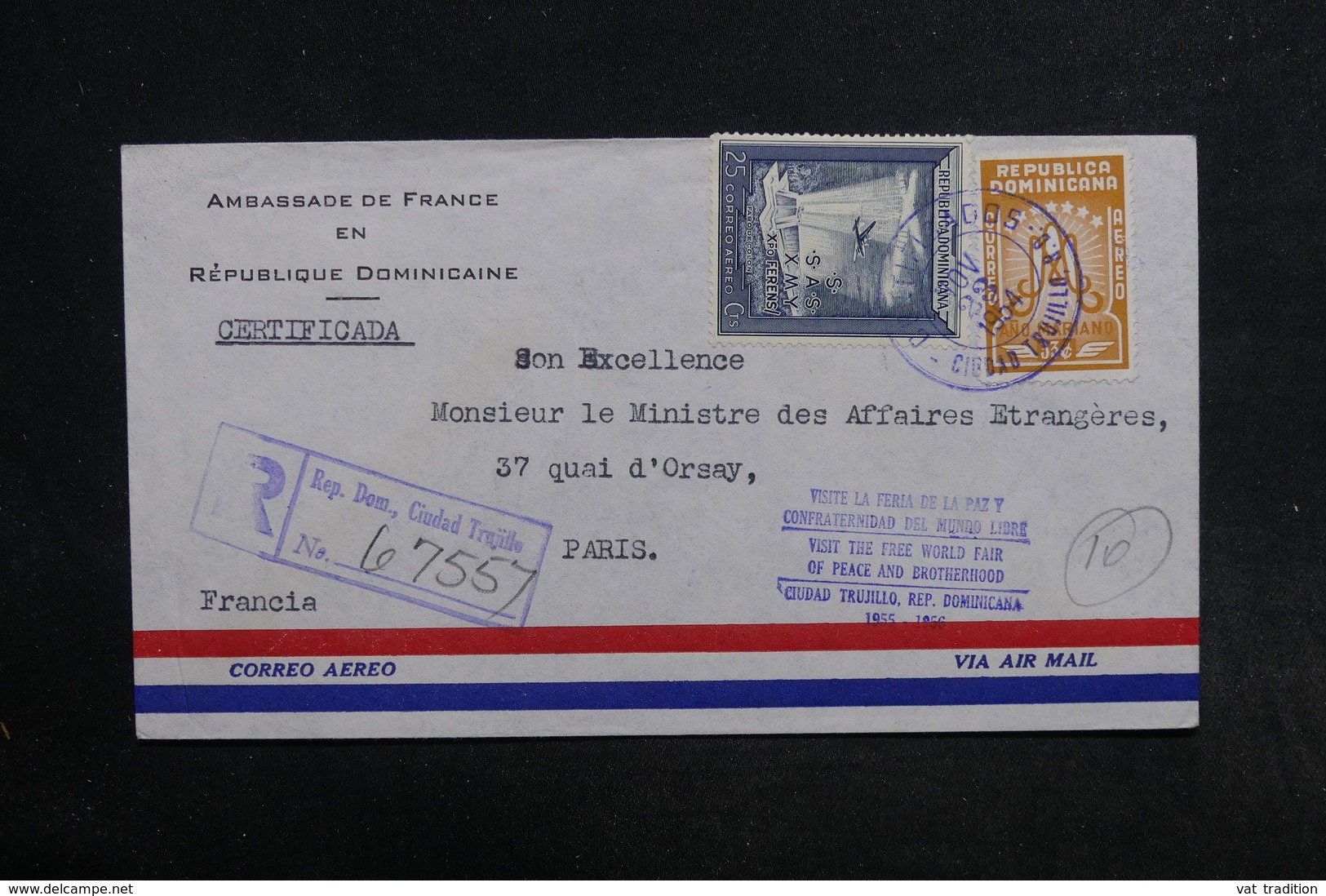 DOMINICAINE - Enveloppe En Recommandé De L 'Ambassade De France Pour Paris En 1954 , Affranchissement Plaisant - L 32174 - Dominicaine (République)