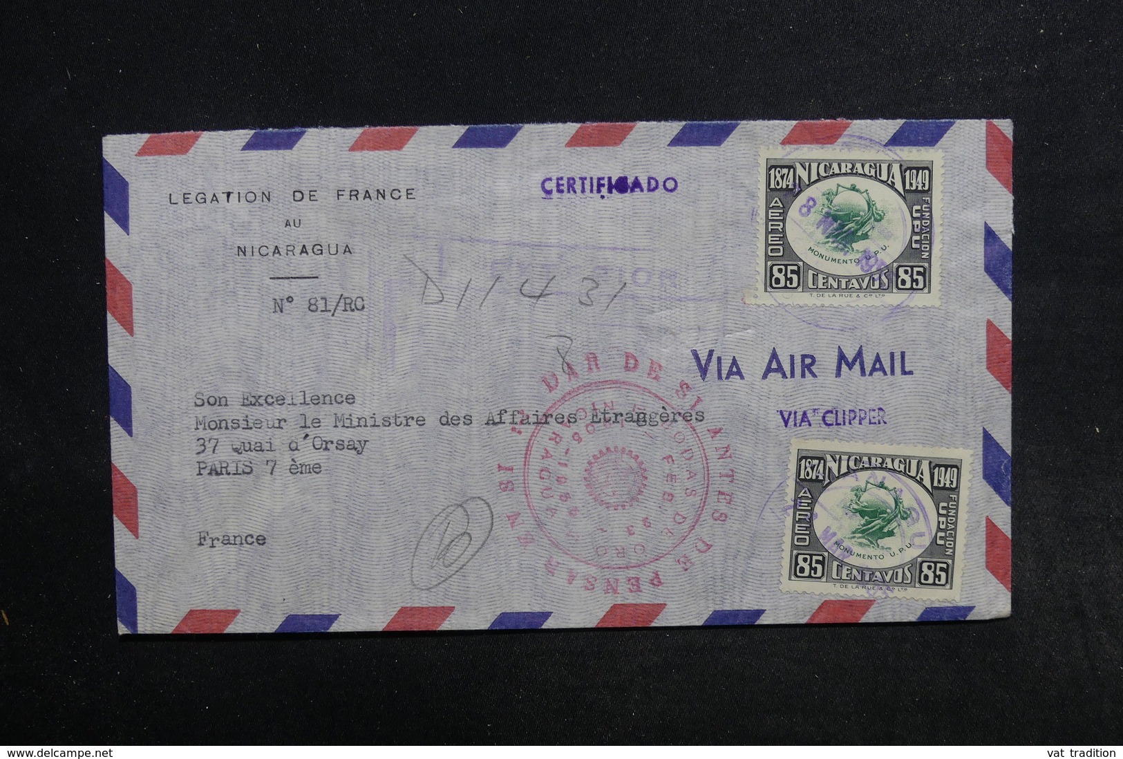 NICARAGUA - Enveloppe De La Légation De France Pour Paris En 1955 , Affranchissement Plaisant - L 32175 - Nicaragua