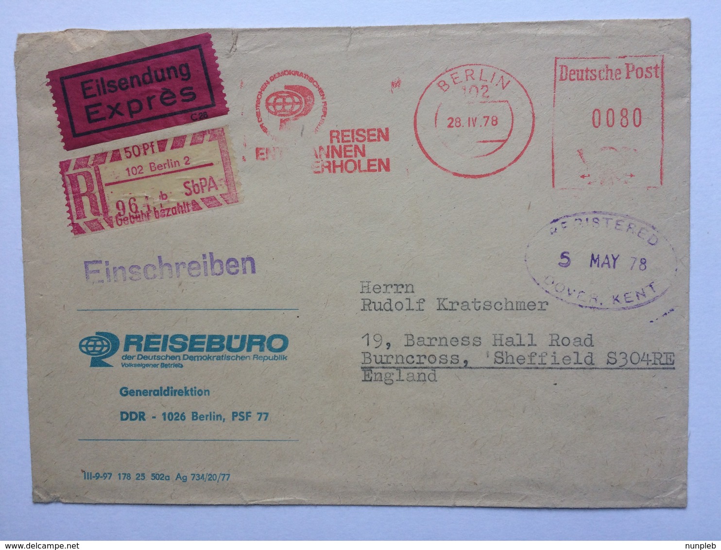 Germany 1979 Cover Berlin To England Registered And Express With Deutsche Post Meter Mark And Kent Registered Cachet - Cartas & Documentos