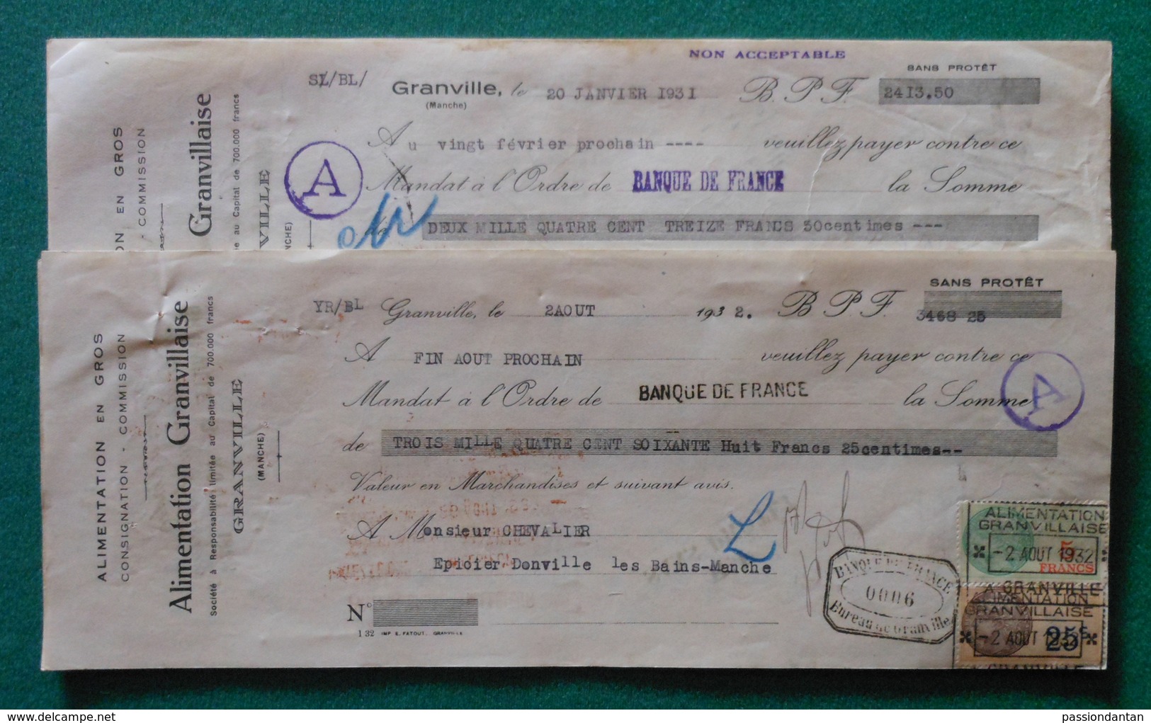 Dix Lettres De Change Avec Timbres Fiscaux Du Commerce Alimentation Granvillaise à Granville - Années 1930 - Bills Of Exchange