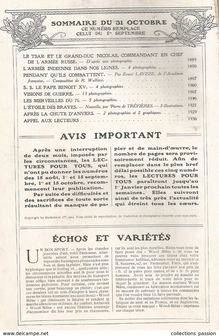 Revue , Lecture Pour Tous ,militaria , 31octobre 1914, 2 Scans , Frais Fr 3.15 E - War 1914-18