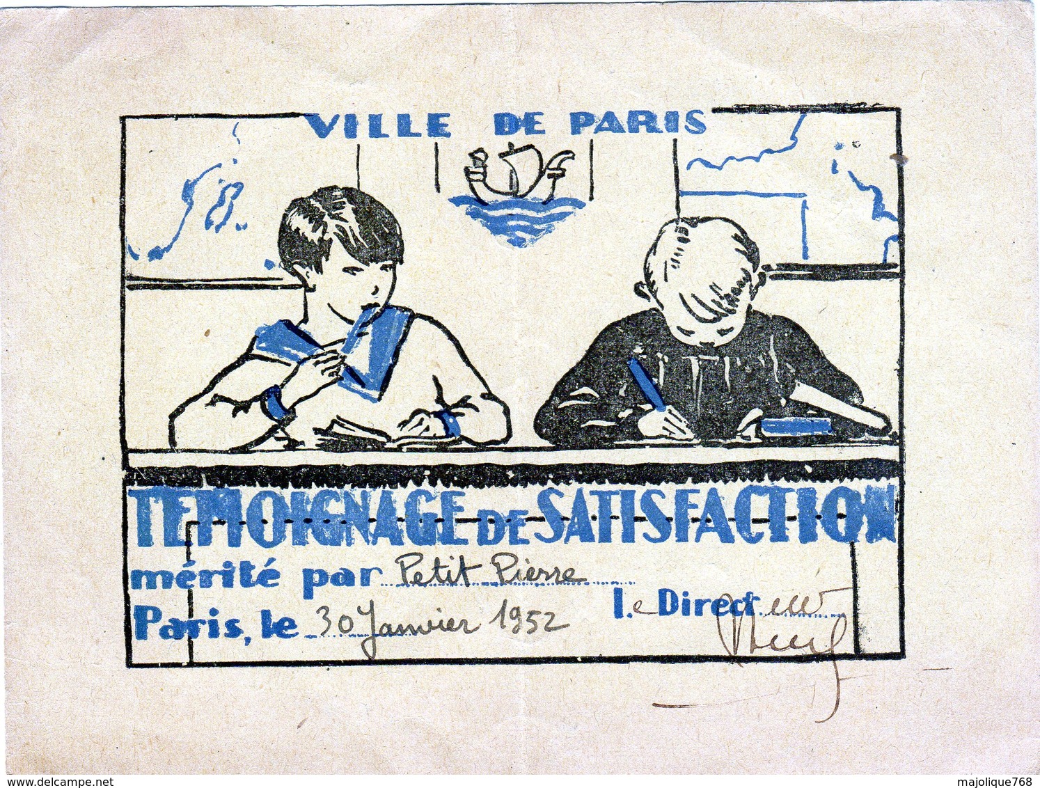 Témoignage De Satisfaction Ville De PARIS De 1952 - Format 160 X 120 - Diplômes & Bulletins Scolaires