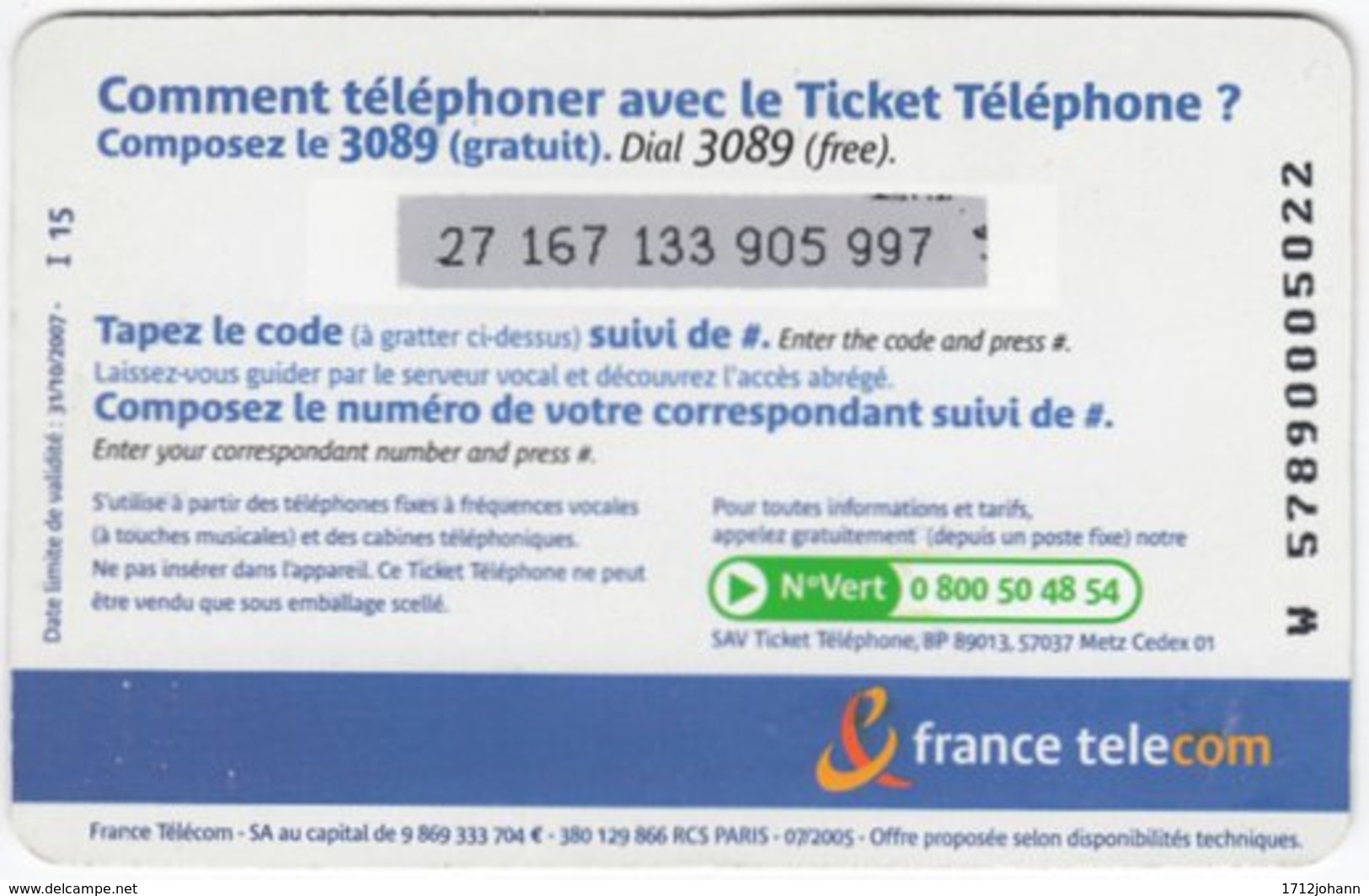 FRANCE C-588 Prepaid Telecom - Used - Cellphone Cards (refills)