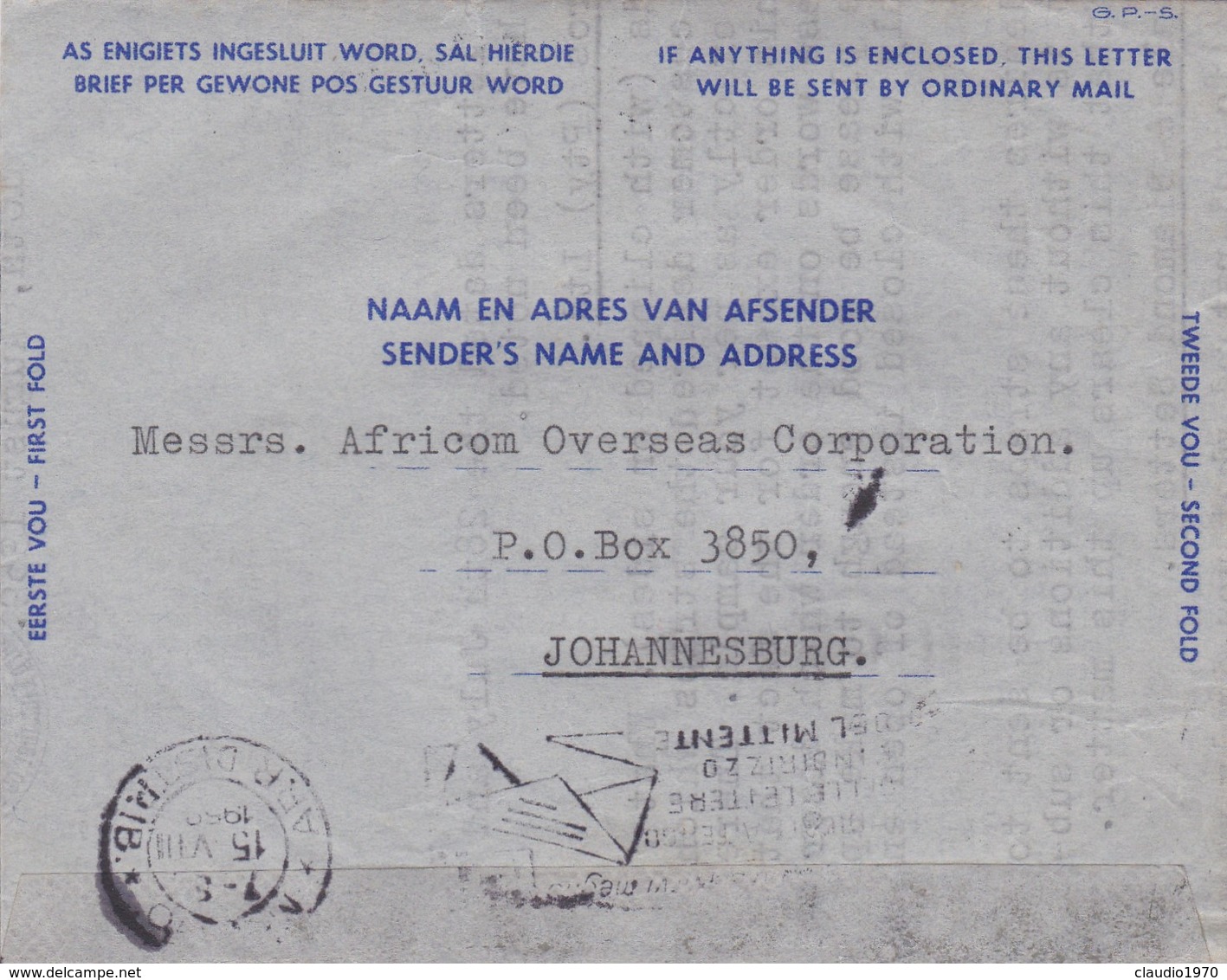 SUD AFRICA - AE'ROGRAMME - JOHANNESBURG - AFRICOM OVEREAS CORPORATION - VIAGGIATA PER MILANO / ITALIA - Storia Postale