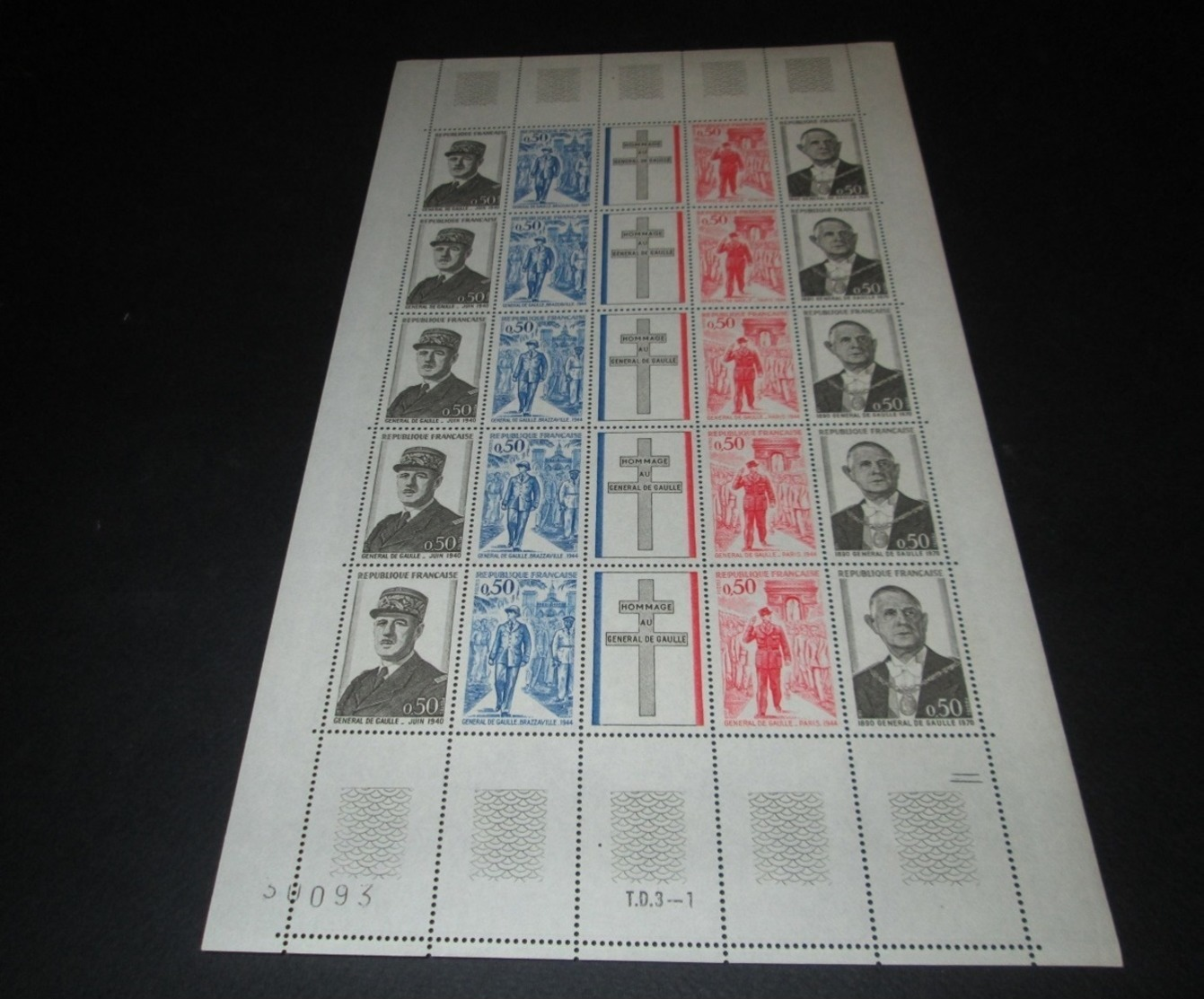 France 1971 Neuf** N°1698A Général De Gaulle Feuille Complète (full Sheet) 20 Timbres 4 Vignettes - Full Sheets