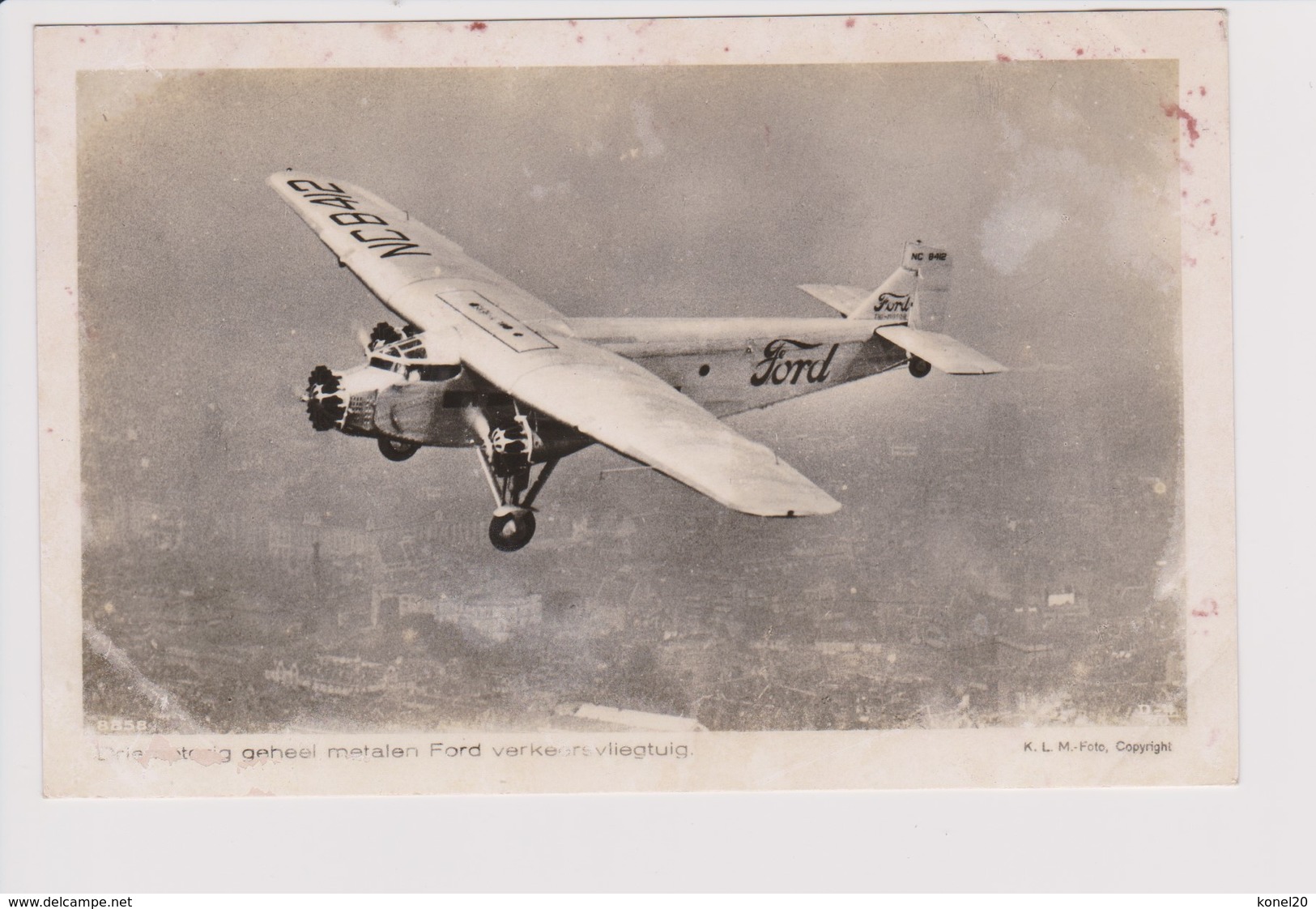 Vintage KLM Photo Ford Tri Engine Aircraft Above Rotterdam - 1919-1938: Between Wars