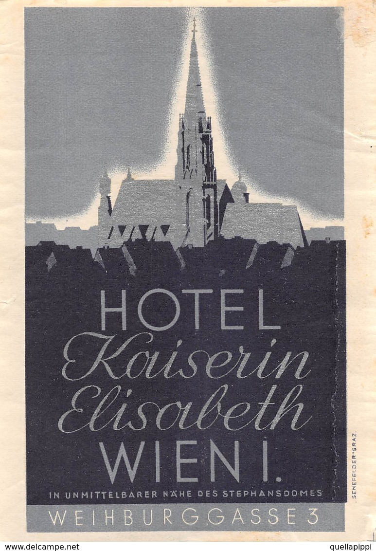 D9308 " HOTEL KOVISERIN ELIZABETH- WIENI (PRIMO)- WEIHBURGGASSE 3"GOMMATA AL VERSO ETICHETTA ORIGINALE, 1930 - Adesivi Di Alberghi