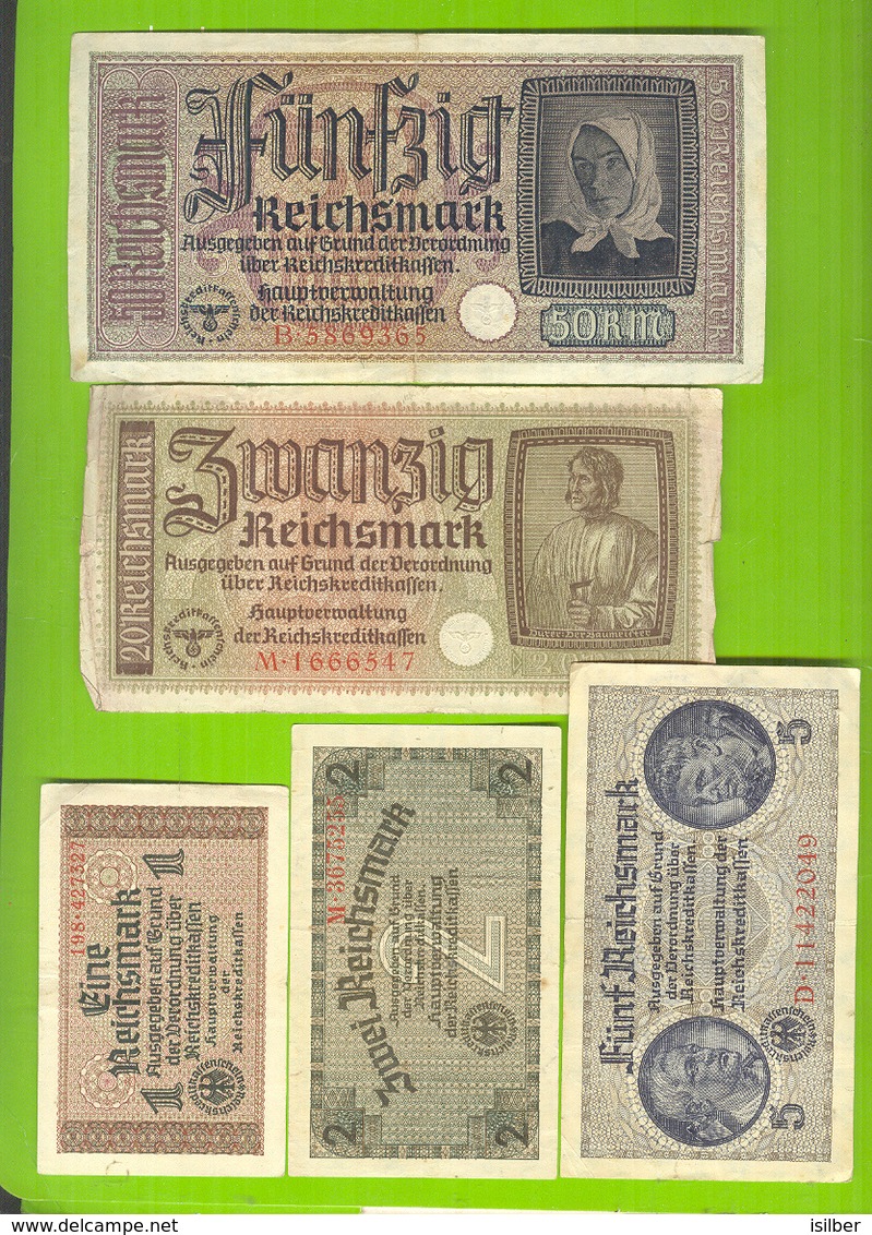 9045 Ostland Germany 1, 2, 5, 20, 50 Reichsmark Ca 1942 Germany Latvia Lithuania Estonia Russia LOTx5ex - Tweede Wereldoorlog