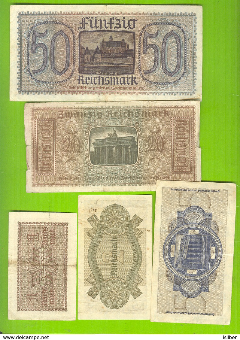 9045 Ostland Germany 1, 2, 5, 20, 50 Reichsmark Ca 1942 Germany Latvia Lithuania Estonia Russia LOTx5ex - Tweede Wereldoorlog