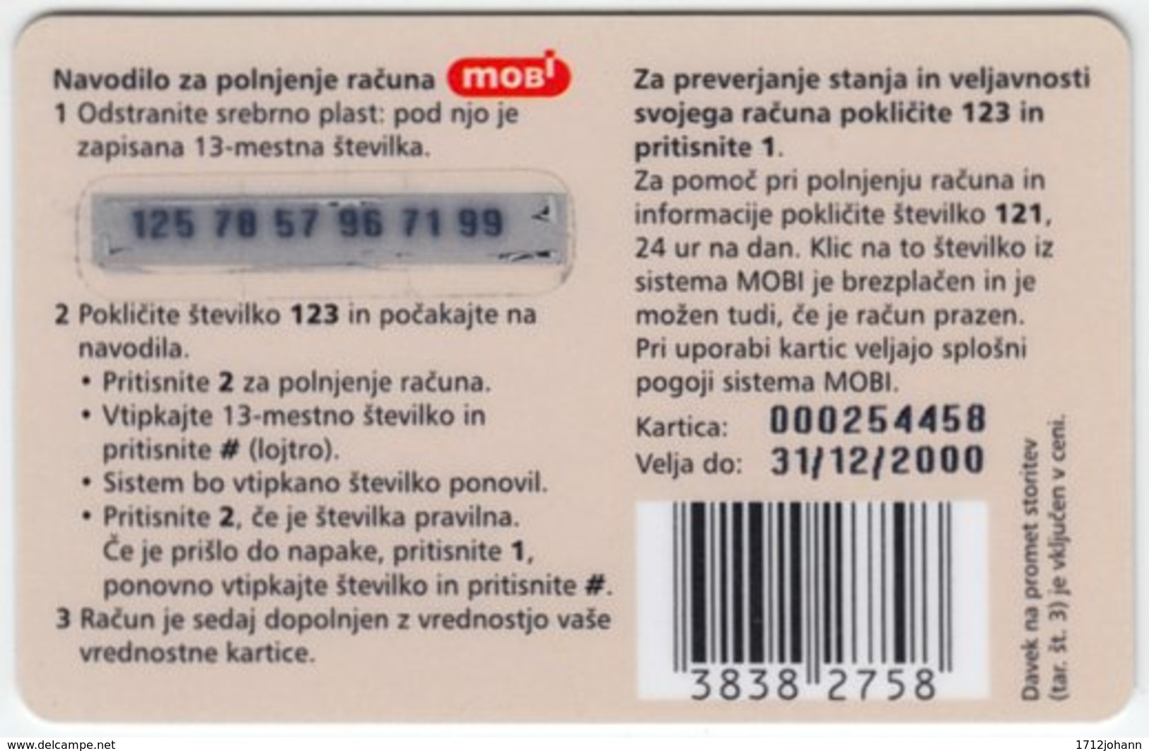 SLOVENIA B-208 Prepaid Mobi - Animal, Bird, Garganey - Val. 31/12/2000 - Used - Slovenia