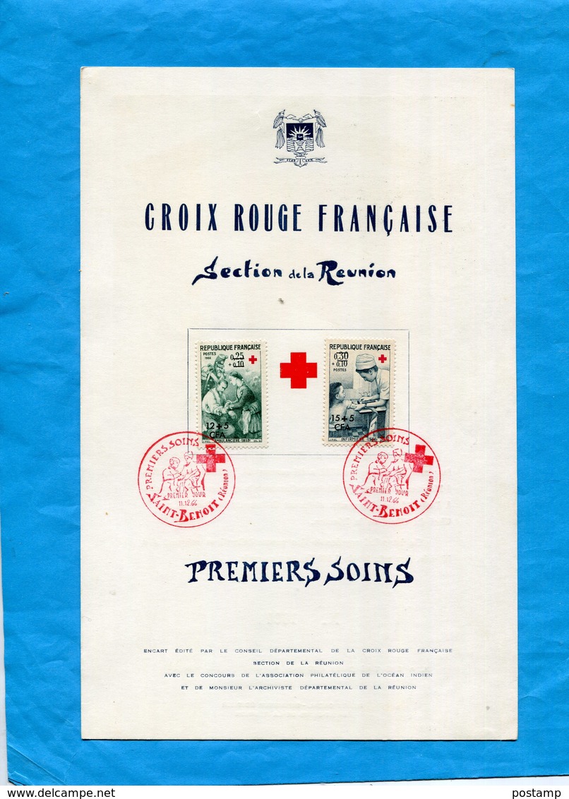 Marcophilie-reunion-feuillet Souvenir Numéroté-croix Rouge 1966  Cad Premiers Soins-dos Hopital Militaire - Other & Unclassified