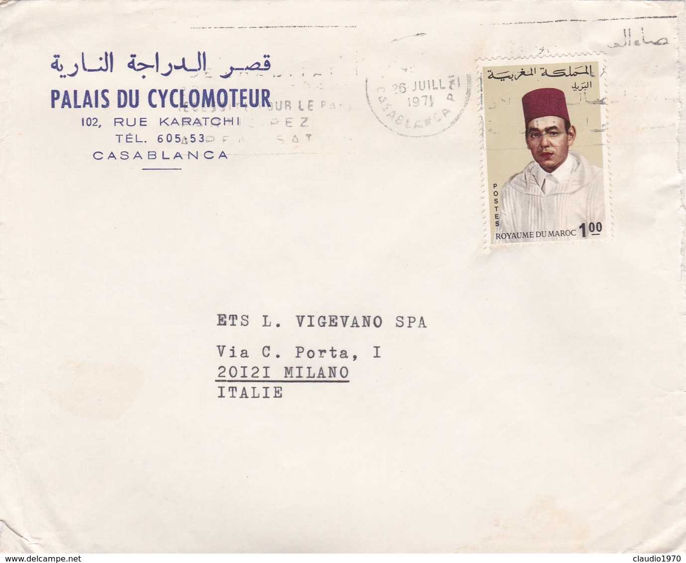 BUSTA VIAGGIATA  - MAROCCO - CASABLANCA -  PALAIS DU CYCLOMOTEUR - VIAGGIATA  PER MILANO / ITALIA - Marocco (1956-...)