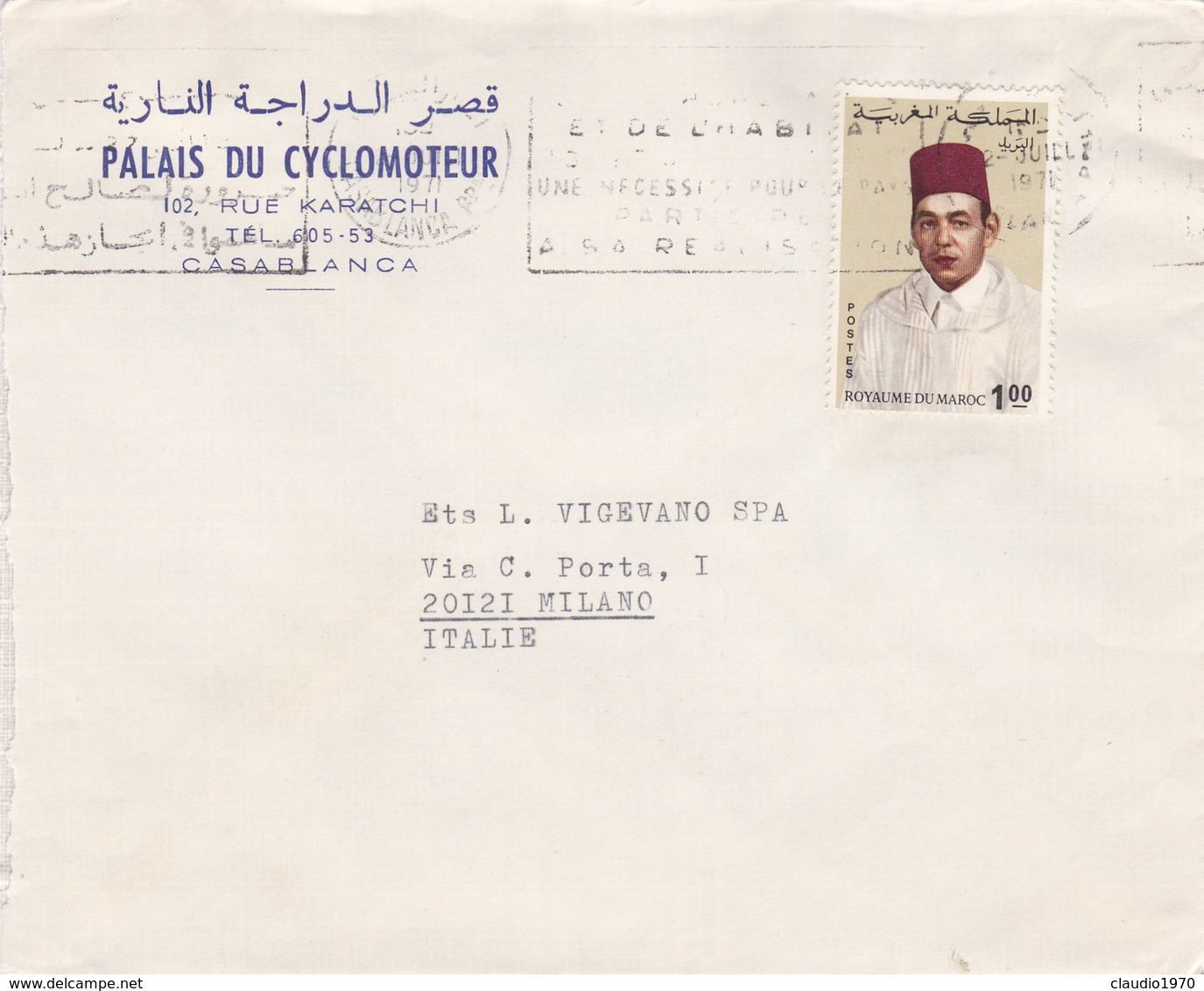 BUSTA VIAGGIATA  - MAROCCO - CASABLANCA -  PALAIS DU CYCLOMOTEUR - VIAGGIATA  PER MILANO / ITALIA - Marocco (1956-...)