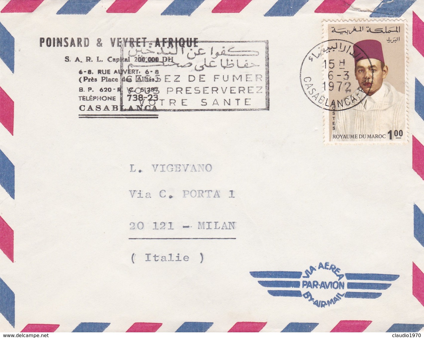 BUSTA VIAGGIATA BY AIR MAIL - MAROCCO - CASABLANCA -  POINSARD E VEYRET - AFRIQUE - VIAGGIATA  PER MILANO / ITALIA - Marocco (1956-...)