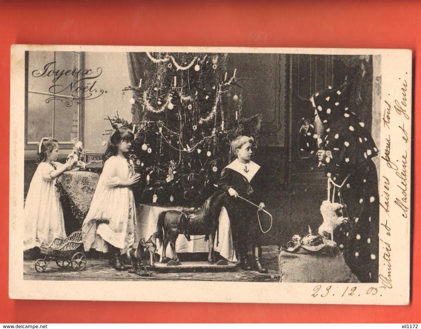 EPC-02 Joyeux Noël !  Enfants Et Père Noël, Cheval De Bois. Circulé 1905 - Santa Claus