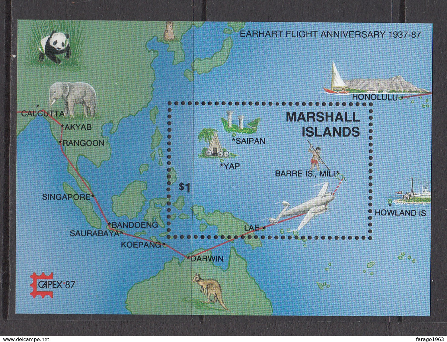 1987 Maldives Earhart Aviation Elephant Panda Souvenir Sheet Complete Set Of 1 MNH  - I Was At CAPEX Show!! - Marshall