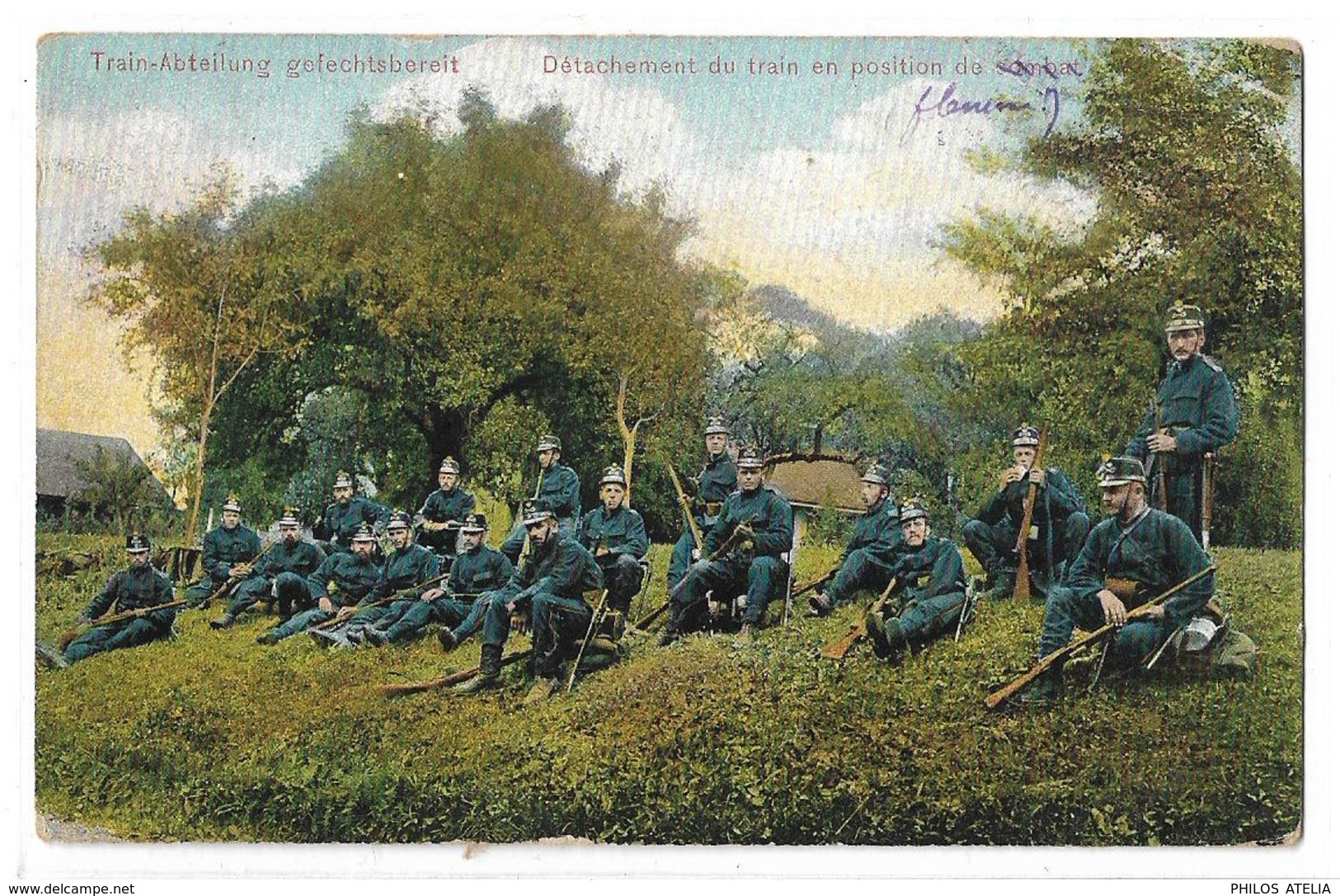 CPA Train Abteilung Gefechtsbereit Détachement Du Train En Position De Combat  Militaria Soldat Voyagée 1908 - Manovre