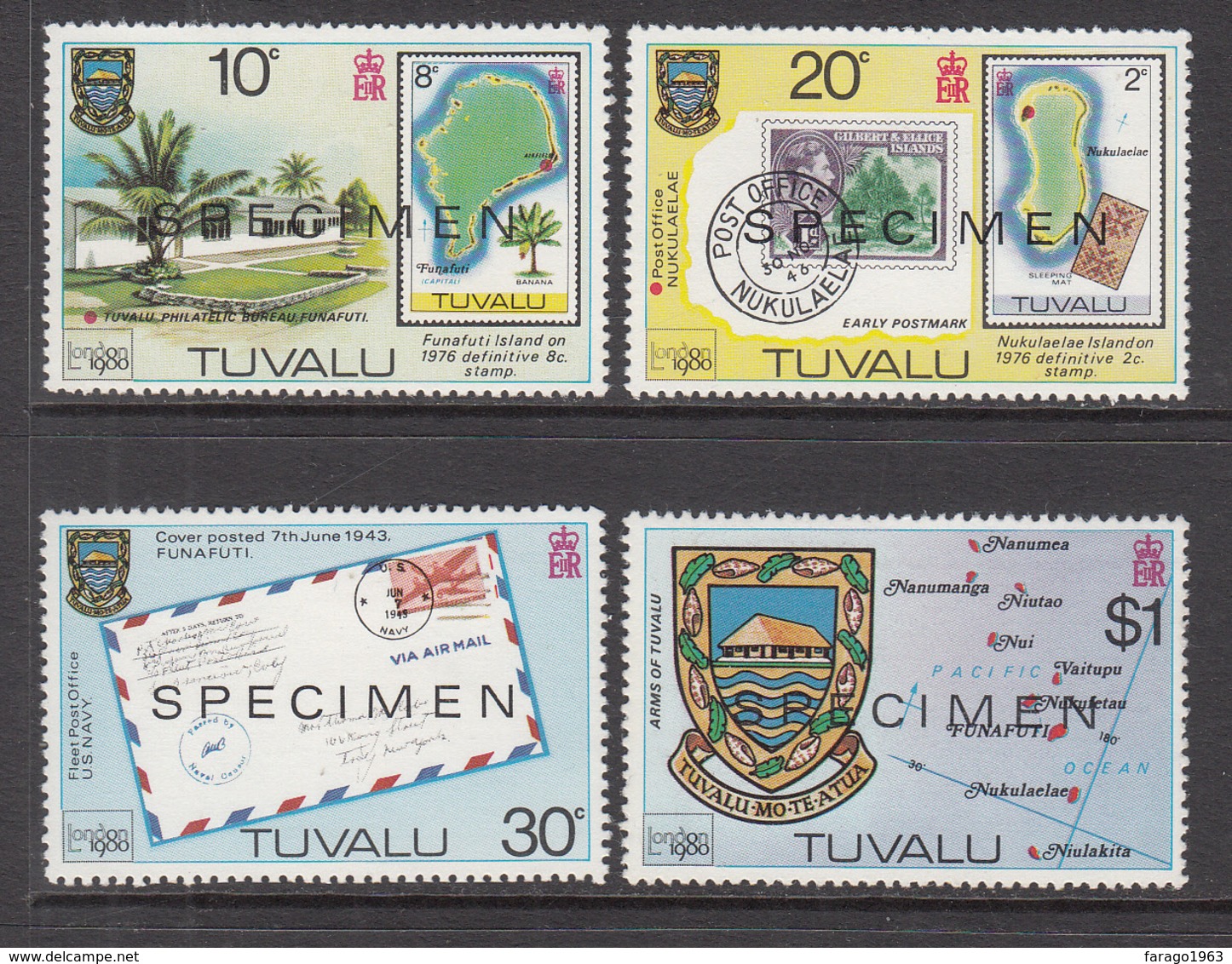 1980 Tuvalu London 80 Stamp Show Postal History SPECIMEN Complete Set Of 4 MNH - Tuvalu