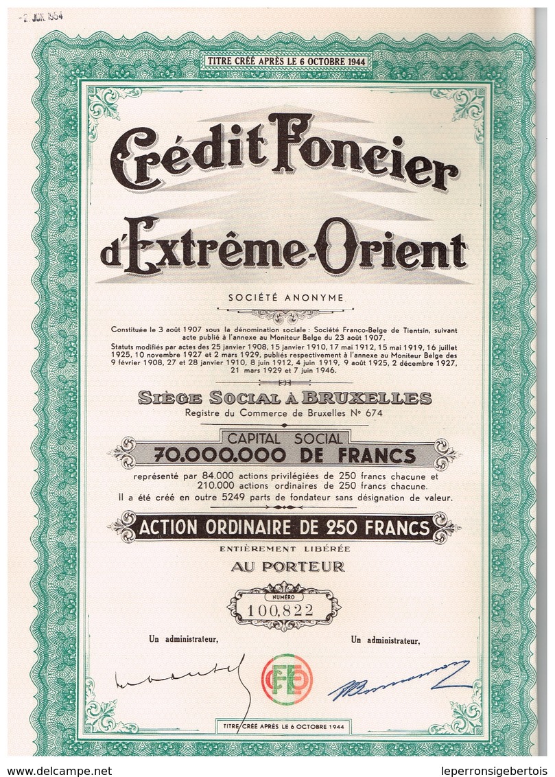 Titre Ancien - Crédit Foncier D'Extrême Orient - Société Anonyme -Titre De 1946 - Banque & Assurance