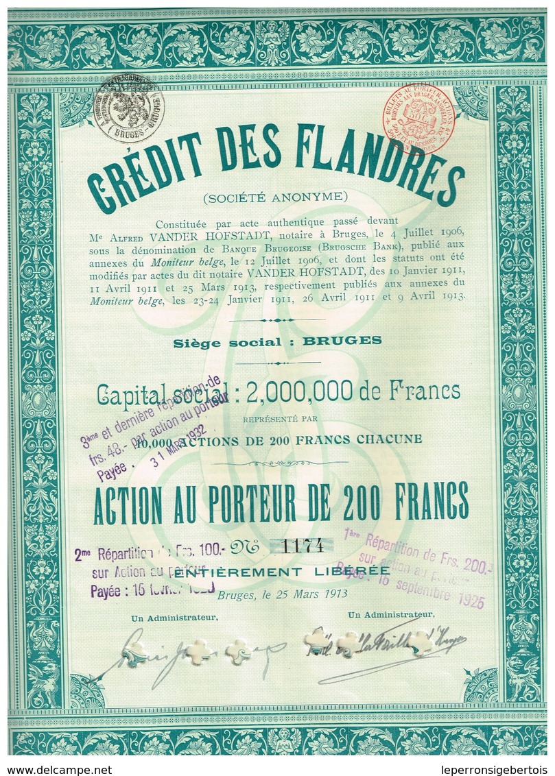 Titre Ancien - Crédit Des Flandres - Société Anonyme -Titre De 1913 - Banque & Assurance