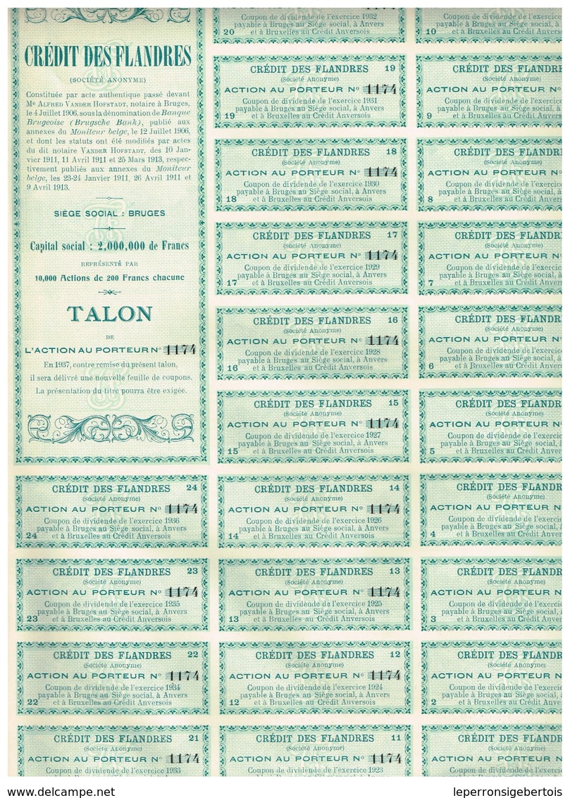 Titre Ancien - Crédit Des Flandres - Société Anonyme -Titre De 1913 - Banque & Assurance